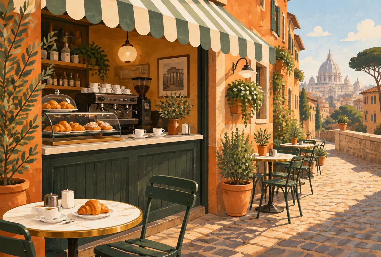 Illustrazione di un bar con colazione e cornetti