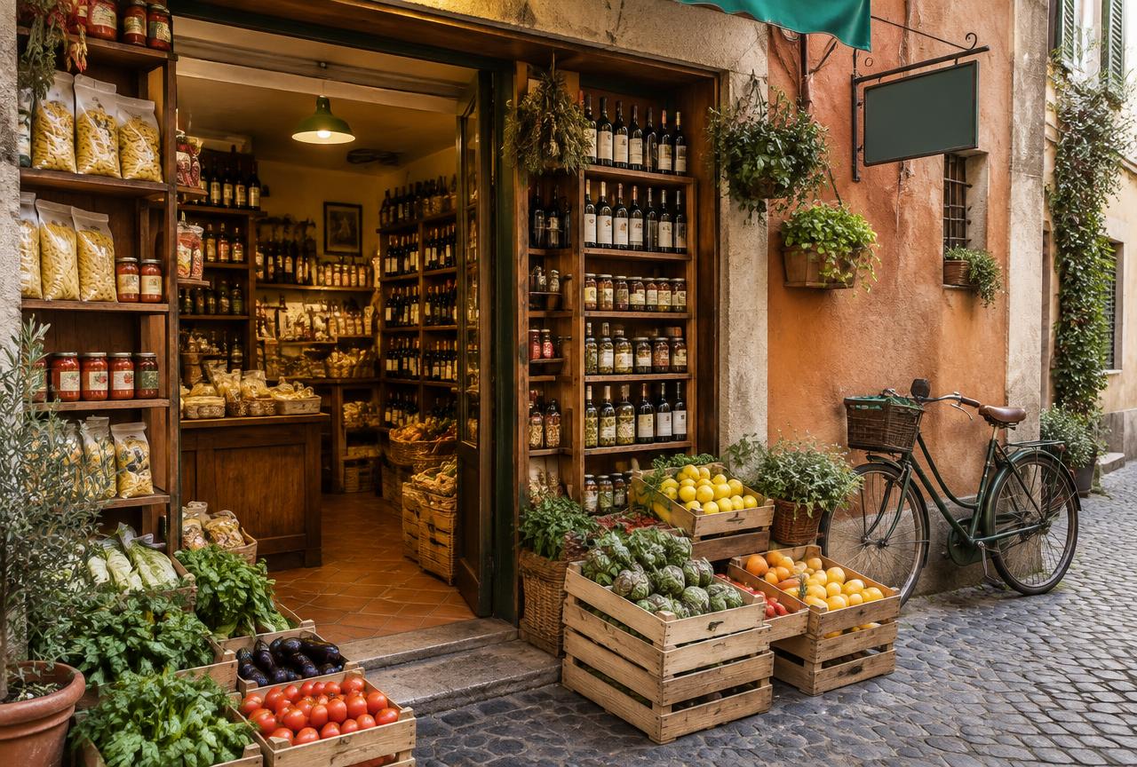 Alimentari di quartiere con prodotti freschi all'ingresso